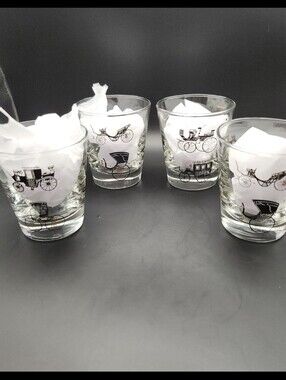 Vintage Libbey Horseless Carriage Whiskey Tumbler Set 4 Low Ball Barware Glasses